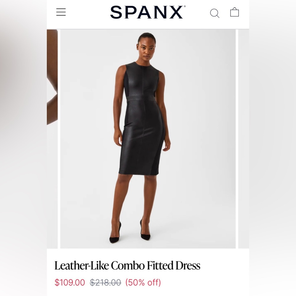 Leather-like combo fitted dress. Luxe black